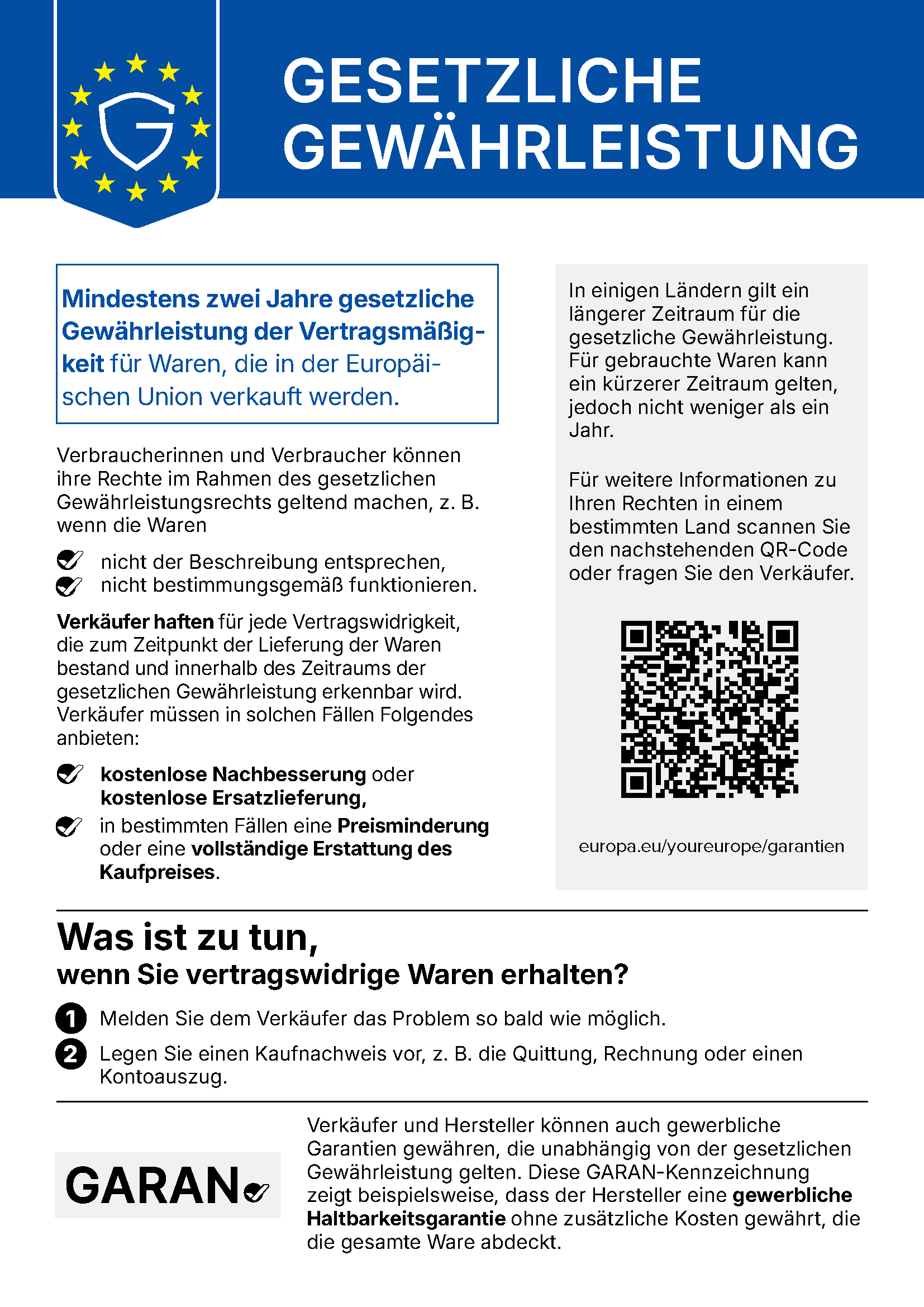 Warenkorb 1 Deine gesetzlichen Gewährleistungsrechte: Mindestens zwei Jahre gesetzliche Gewährleistung der Vertragsmäßigkeit für Waren, die in der Europäischen Union verkauft werden.
