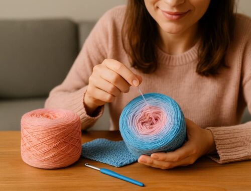 Eine Frau sitzt an einem Holztisch und beginnt, ihren Bobbel zu verarbeiten. Sie zieht den Faden vorsichtig aus der Mitte eines rosa-blauen Farbverlaufsbobbel, während daneben ein zweiter Bobbel und eine Häkelnadel liegen.