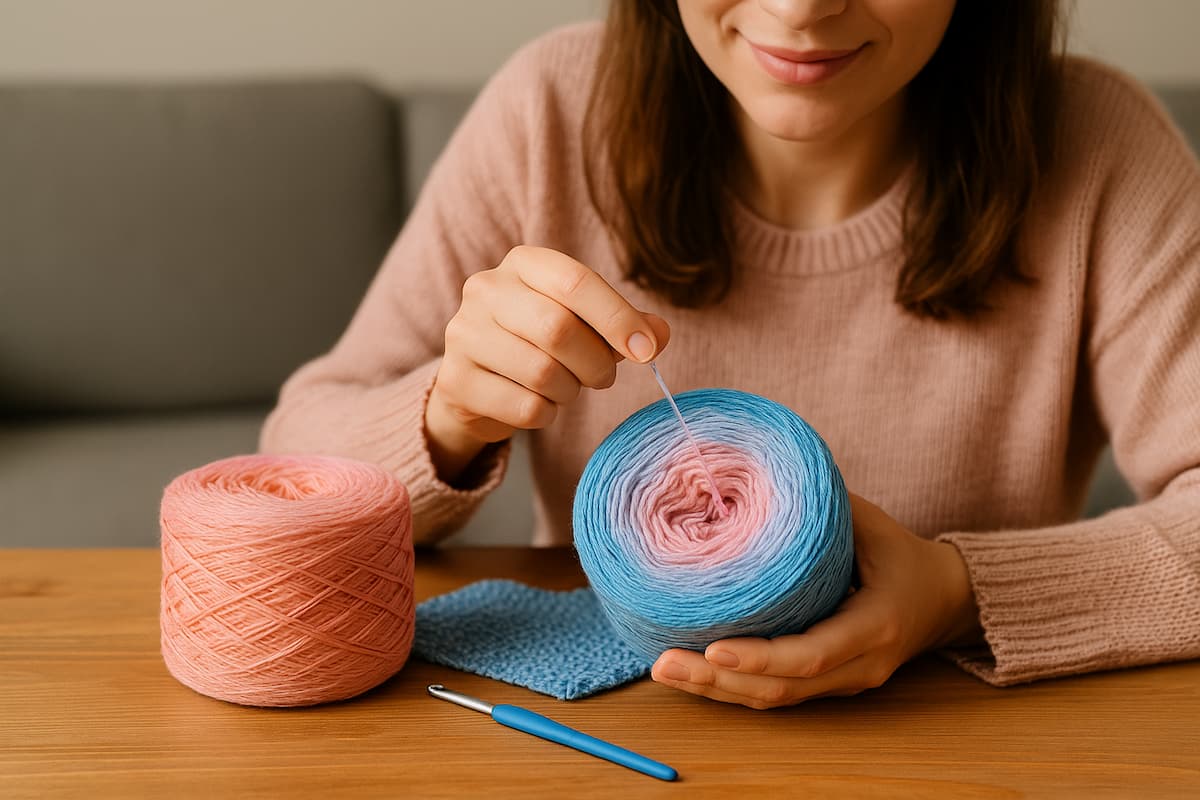 Eine Frau sitzt an einem Holztisch und beginnt, ihren Bobbel zu verarbeiten. Sie zieht den Faden vorsichtig aus der Mitte eines rosa-blauen Farbverlaufsbobbel, während daneben ein zweiter Bobbel und eine Häkelnadel liegen.