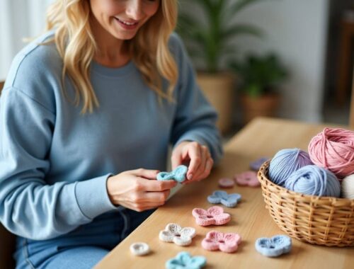 Wie lassen sich Garnreste verwerten? Diese 15 Mini-Projekte zeigen es. 5 Frau häkelt kleine Projekte aus bunten Wollresten an einem Holztisch; mehrere fertige Mini-Werke und Garnknäuel liegen daneben – ideal, um Garnreste zu verwerten.