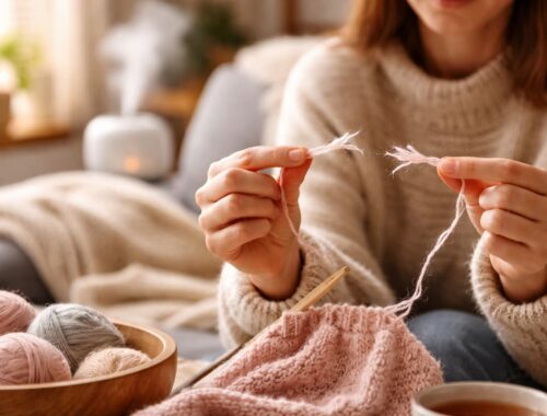 Garn reißt im Winter: Knitty-Gritty-Check für Material & Raumklima 8 Hände beim Stricken halten ein gerissenes Garn in warmer Wohnzimmeratmosphäre – typische Winterszene, wenn Garn reißt durch trockenes Raumklima und Spannung.