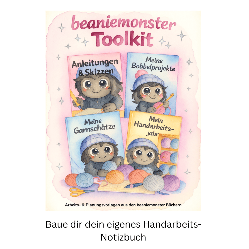 beaniemonster Toolkit – Arbeits- & Planungsvorlagen (PDF-Download) + Bonus 1 Produktbild des beaniemonster Toolkits mit vier dargestellten Büchern: „Anleitungen & Skizzen“, „Meine Bobbelprojekte“, „Meine Garnschätze“ und „Mein Handarbeitsjahr“. Zu sehen sind illustrierte Buchcover mit Garn, Wollknäueln und Handarbeitsmotiven auf pastellfarbenem Hintergrund.